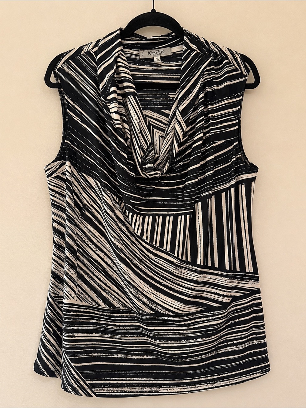 Kasper Petite Medium Black White Striped Cowl Neck Top PM
